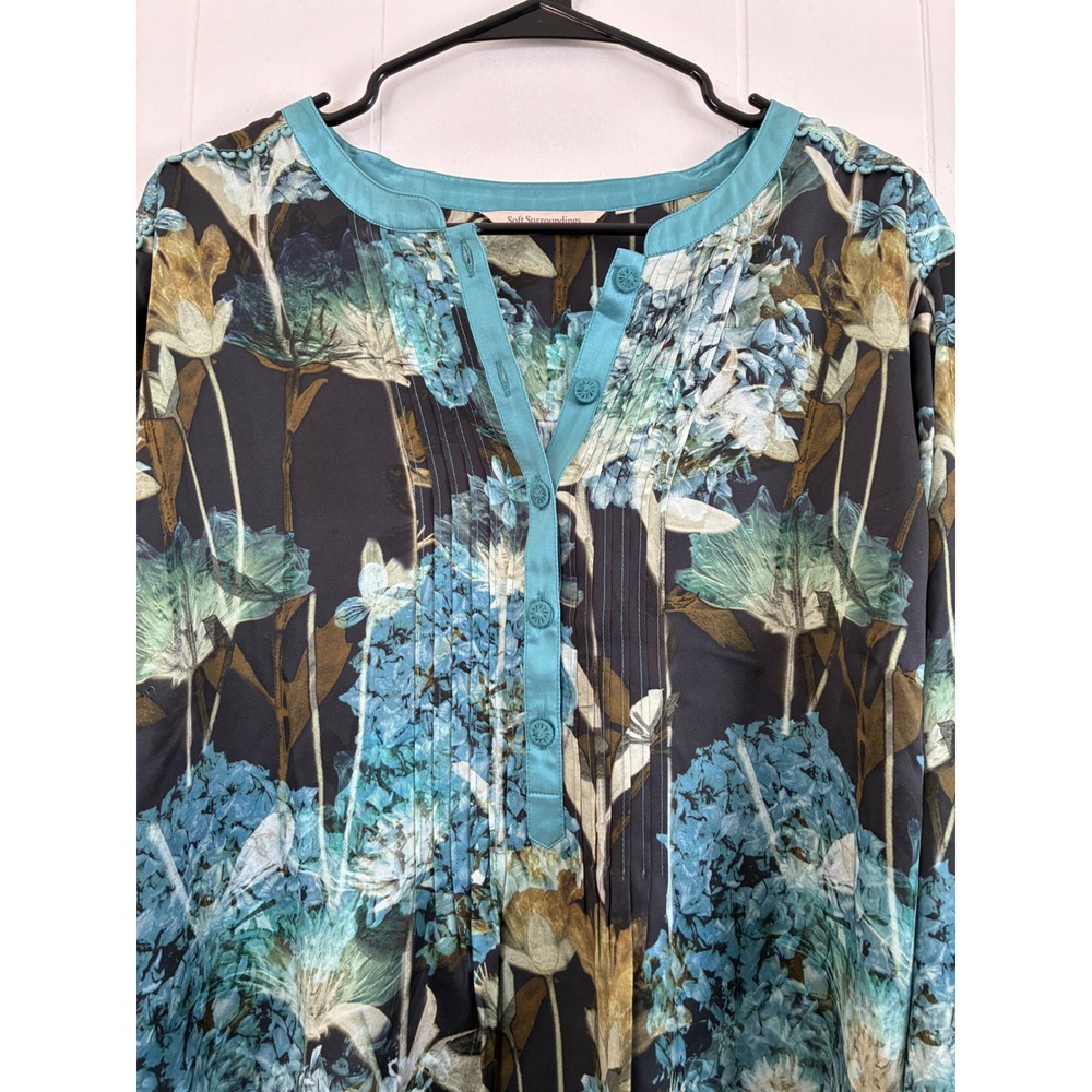 Soft Surroundings 100% Silk Floral Tunic Blouse Teal Blue Botanical‎ Boho 1X - Picture 9 of 10